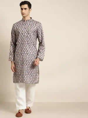 Men's Cotton Beige Printed Kurta & White Churidar Pyjama Set - Sojanya