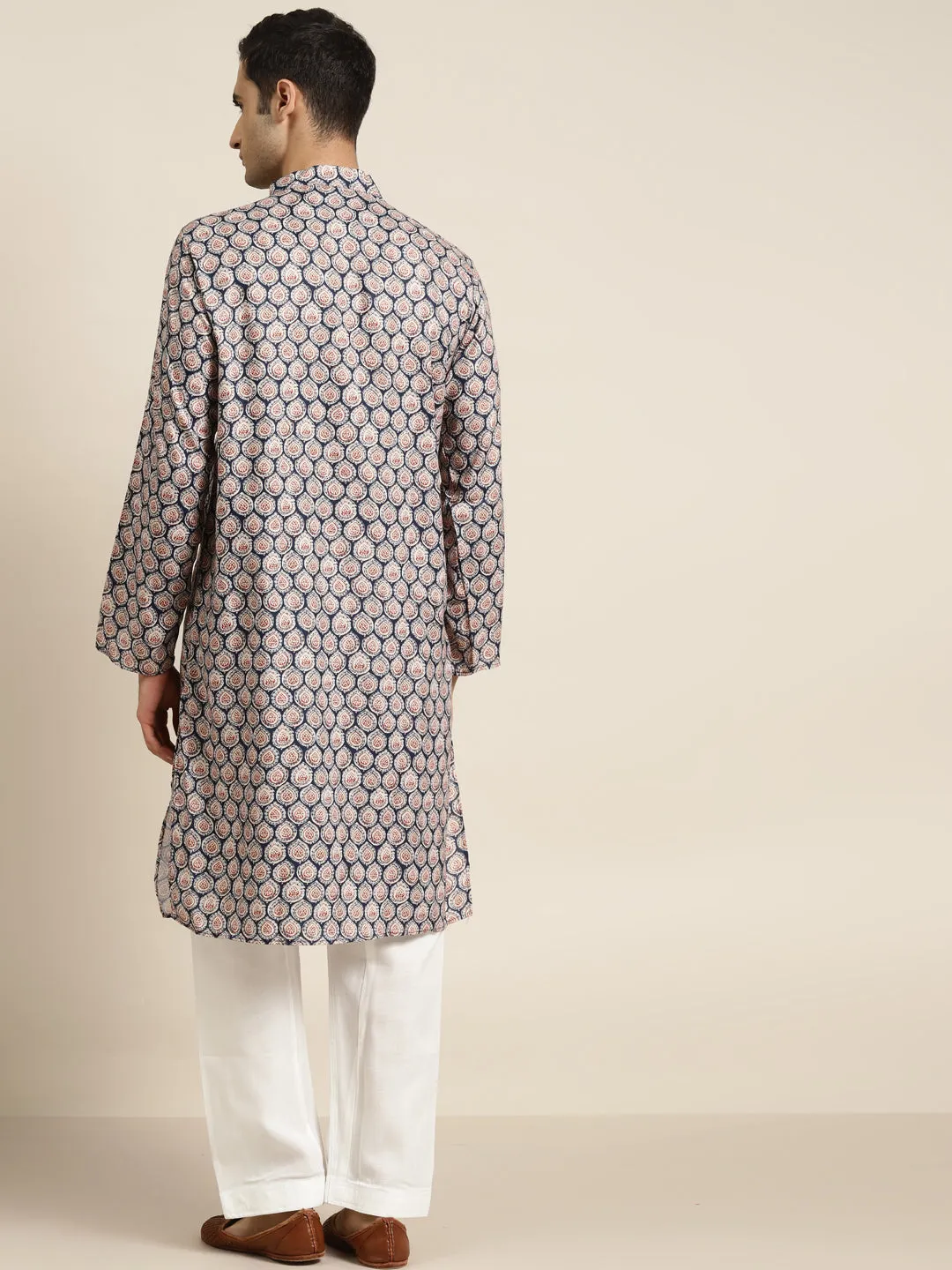 Men's Cotton Beige Printed Kurta & White Churidar Pyjama Set - Sojanya