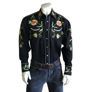 Men's Floral Embroidery Cotton Gabardine Black Western Shirt