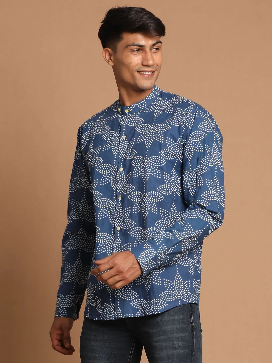 Men's Indigo Blue Cotton Ethnic Shirt - Vastramay