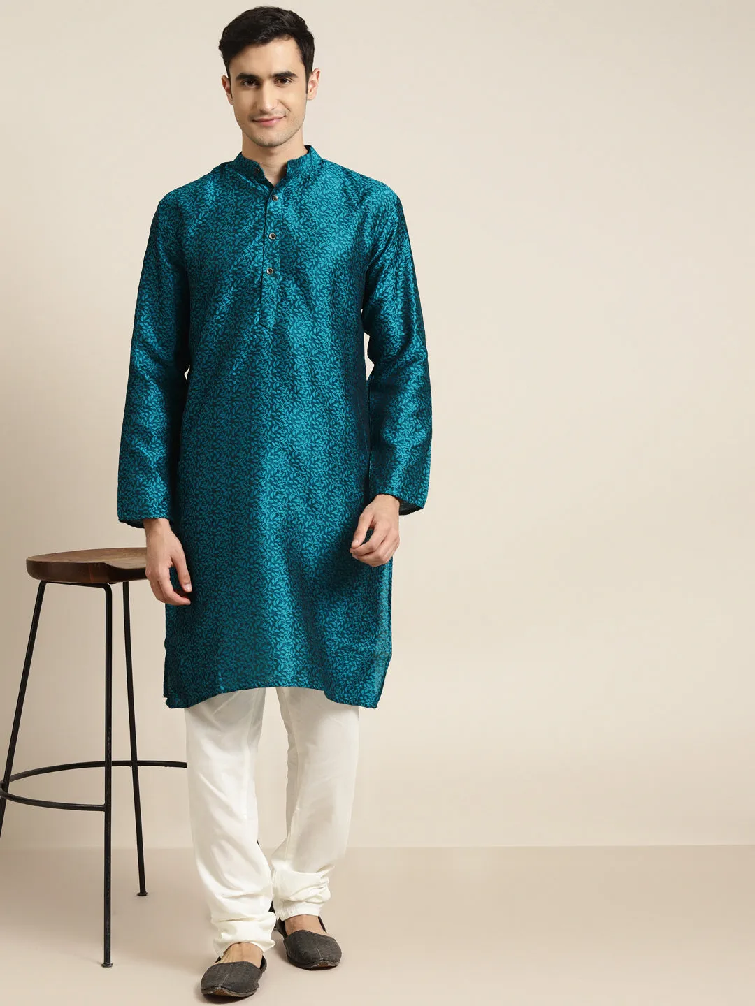 Men's Jacq Silk Turquoise Blue Kurta & Off White Churidar Pyjama Set - Sojanya