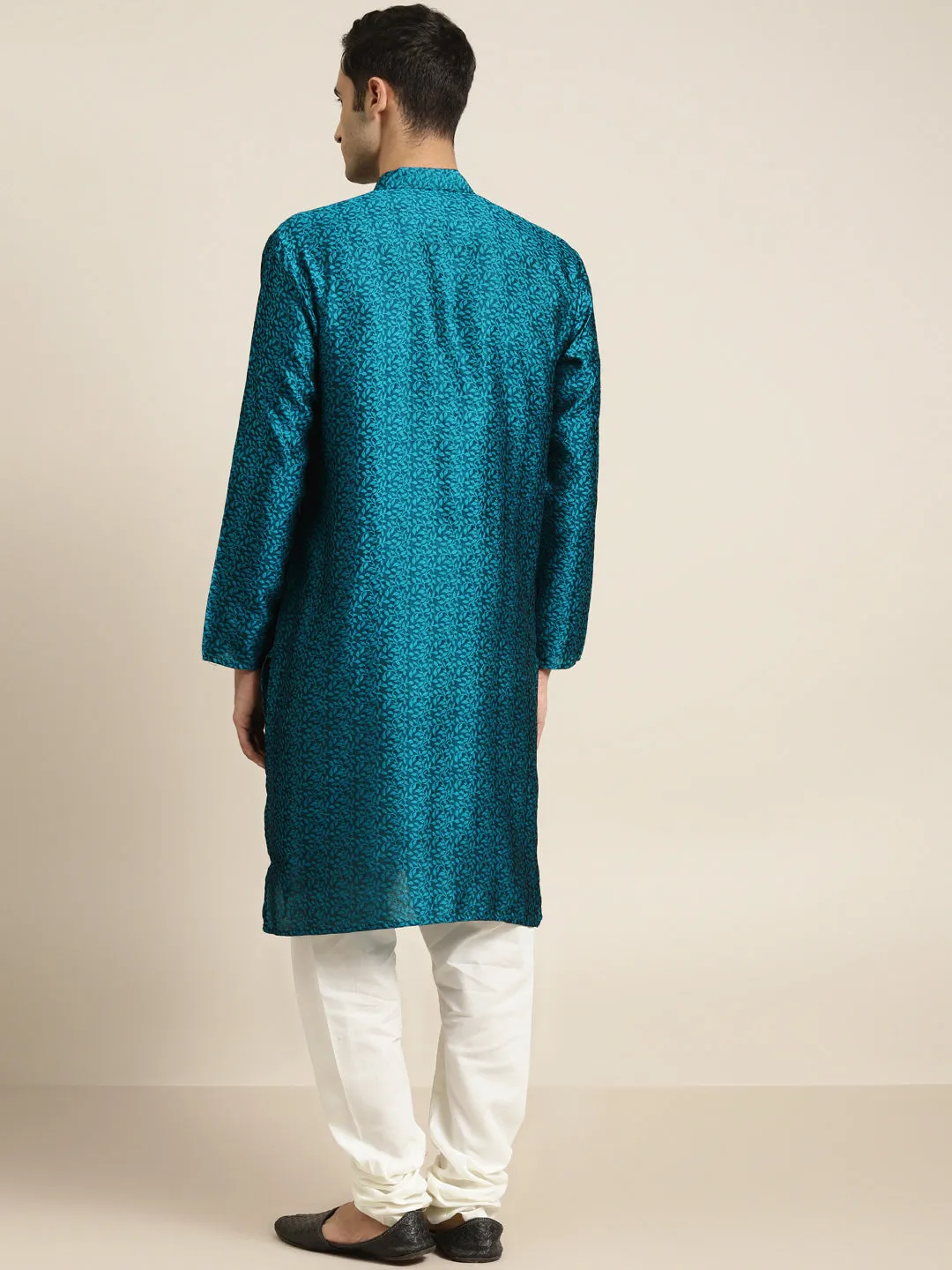 Men's Jacq Silk Turquoise Blue Kurta & Off White Churidar Pyjama Set - Sojanya