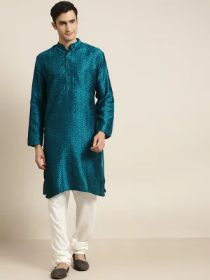 Men's Jacq Silk Turquoise Blue Kurta & Off White Churidar Pyjama Set - Sojanya