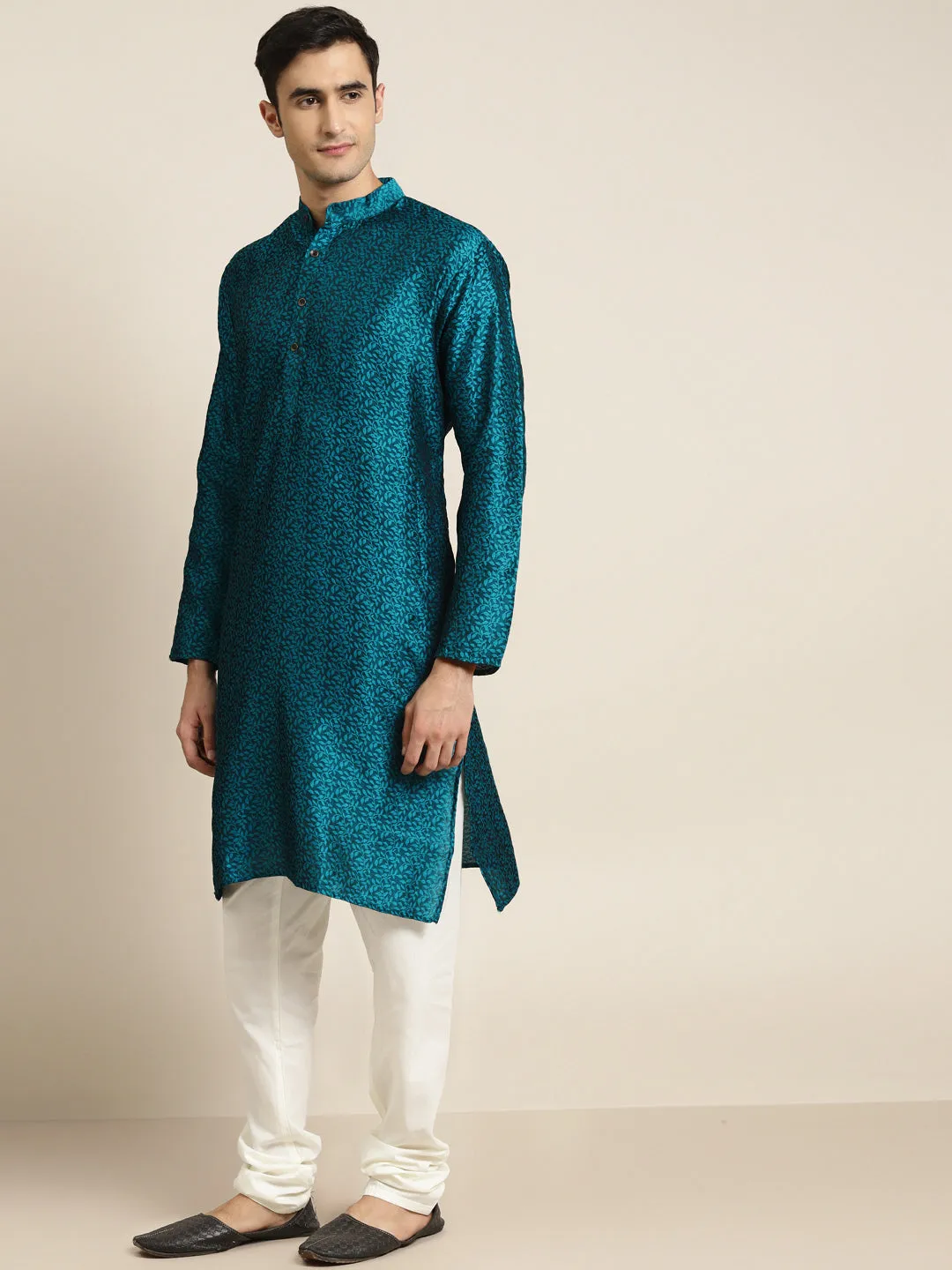 Men's Jacq Silk Turquoise Blue Kurta & Off White Churidar Pyjama Set - Sojanya