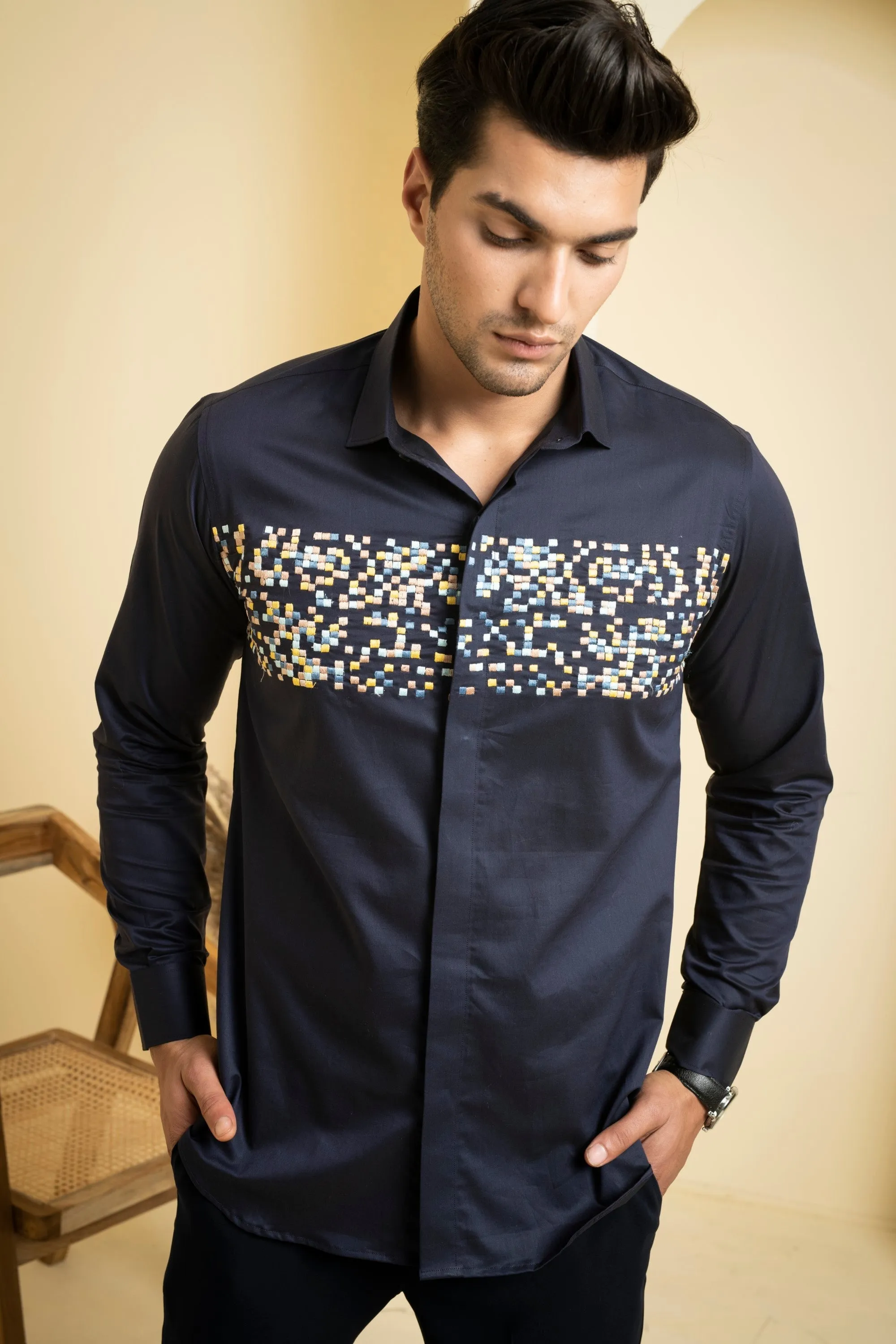 Men's Navy Blue Color Mont Full Sleeves Shirt - Hilo Design