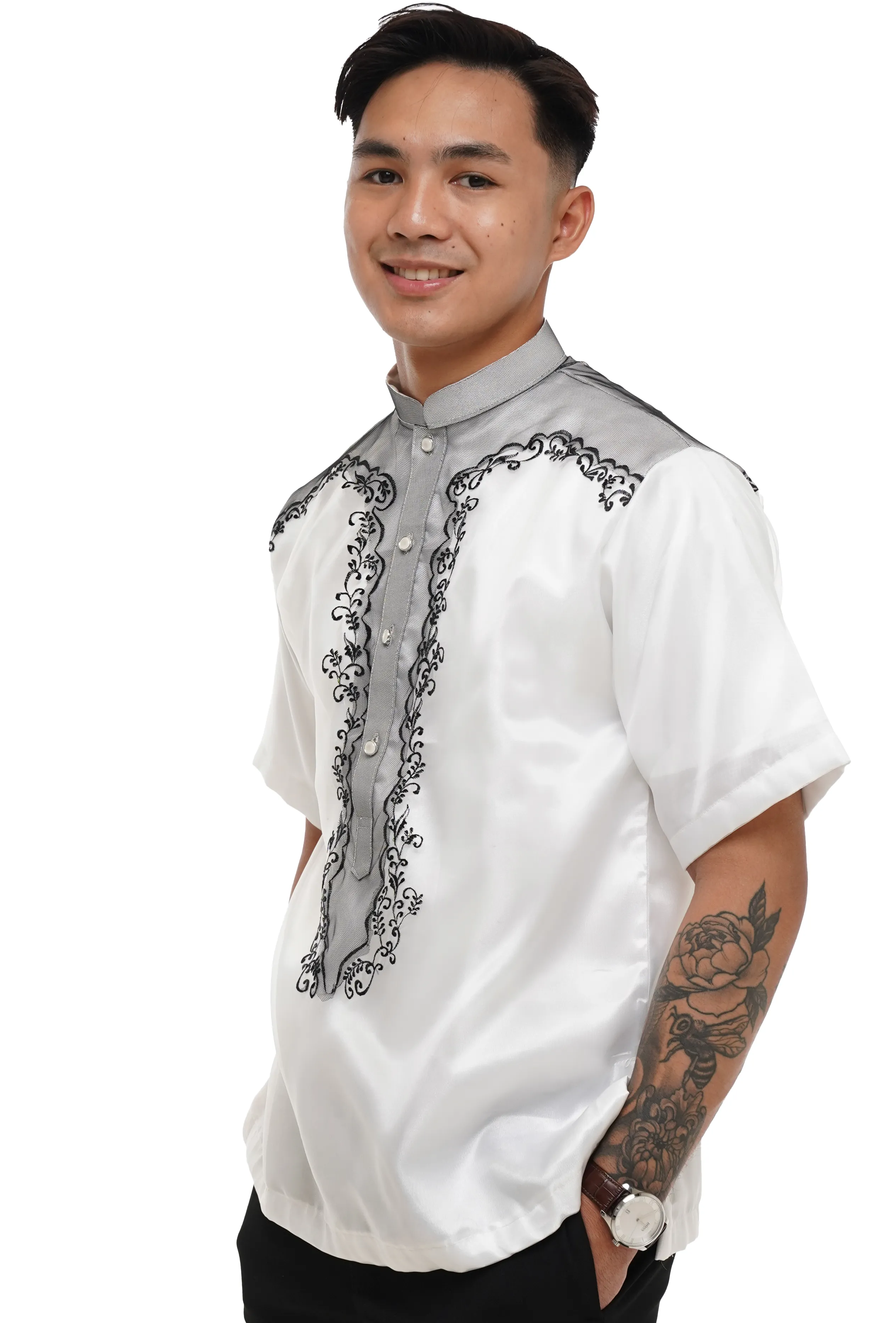 Men's Organza White Cultural Short Sleeves Barong Tagalog - Bolton - JV121