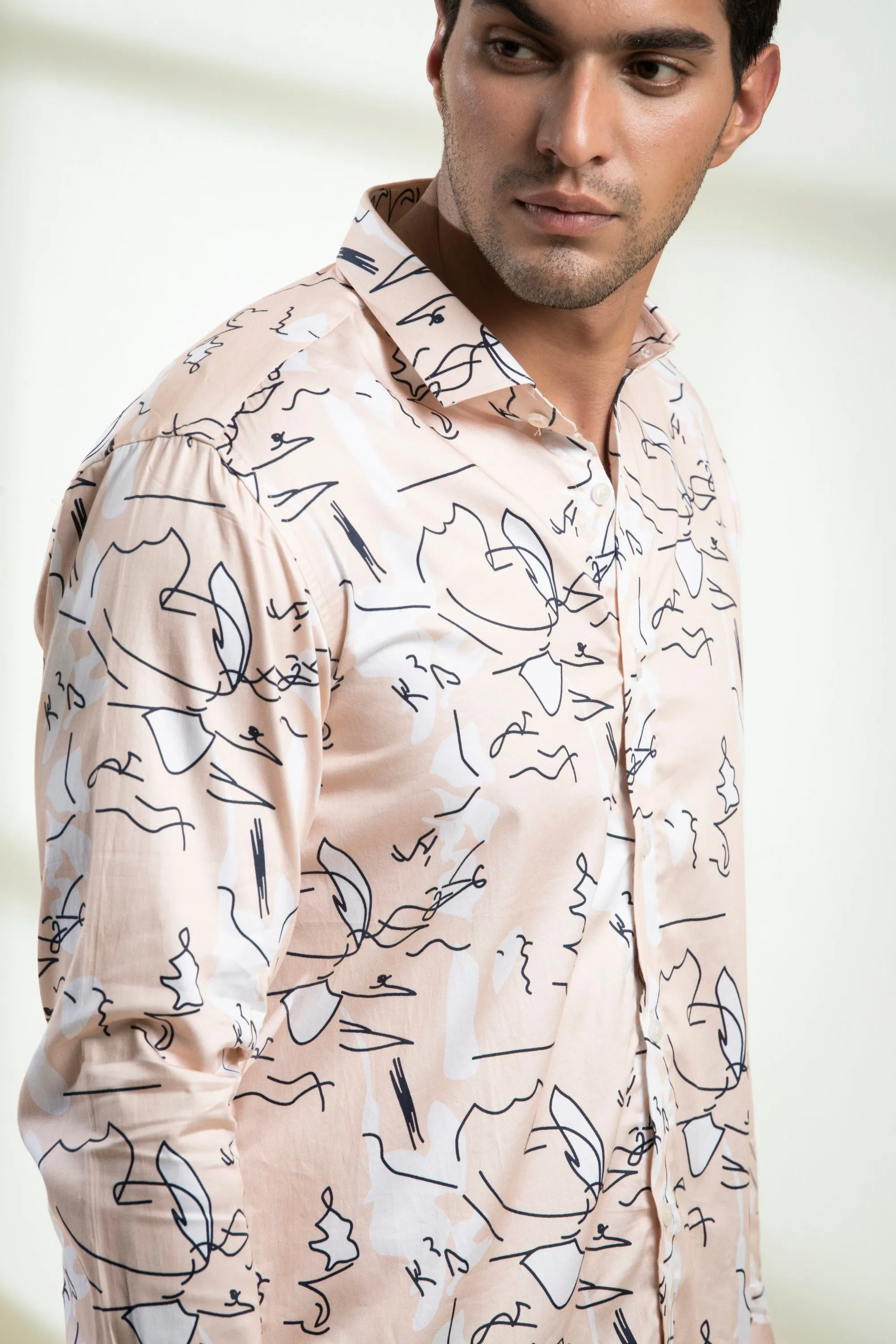 Men's Peach Color Veined Full Sleeves Shirt - Hilo Design