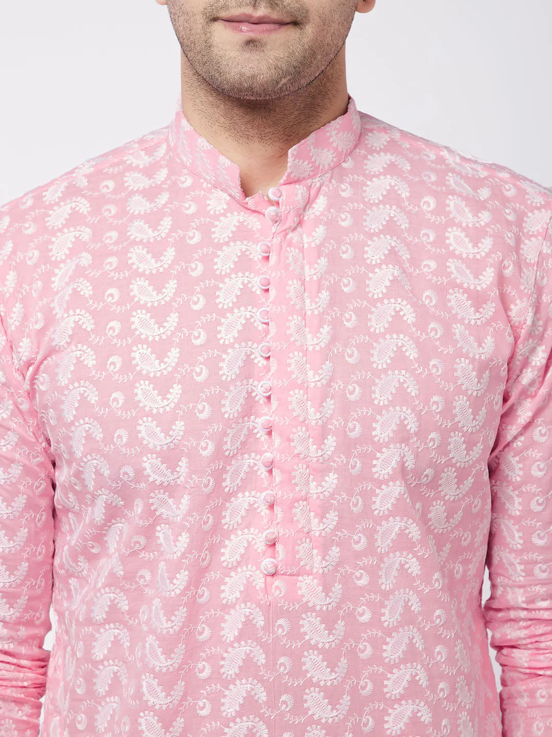 Men's Pink And White Pure Cotton Kurta Pyjama Set - Vastramay