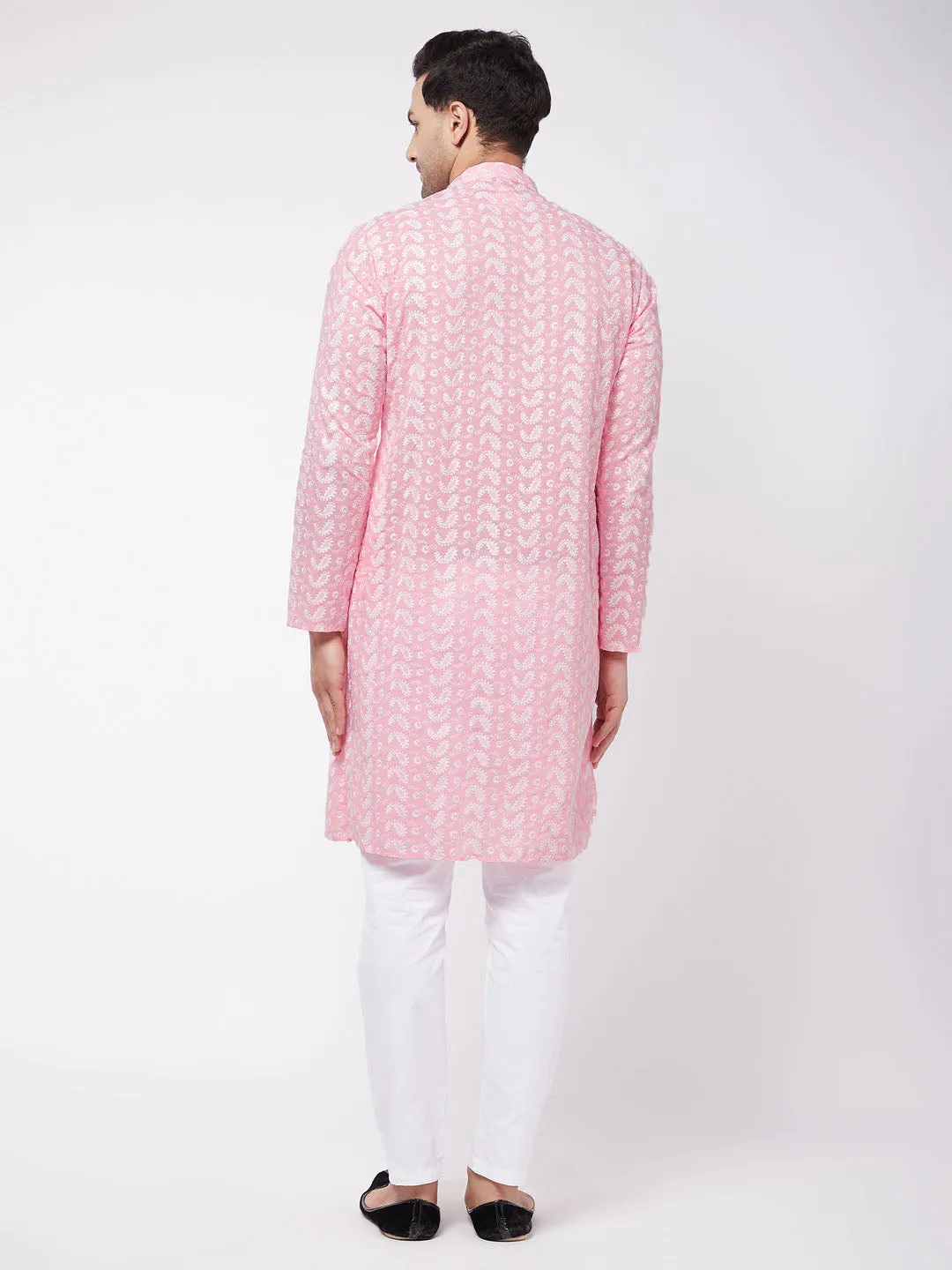 Men's Pink And White Pure Cotton Kurta Pyjama Set - Vastramay