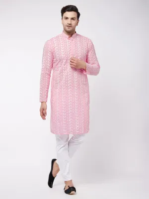 Men's Pink And White Pure Cotton Kurta Pyjama Set - Vastramay