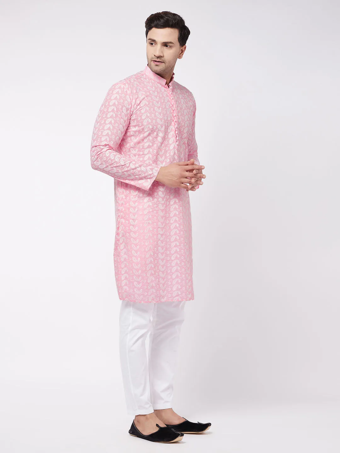 Men's Pink And White Pure Cotton Kurta Pyjama Set - Vastramay