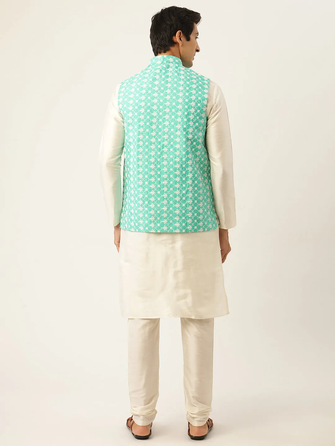 Men's Silk Blend Off White Kurta Pyjama & Ramagreen Nehrujacket Combo - Sojanya