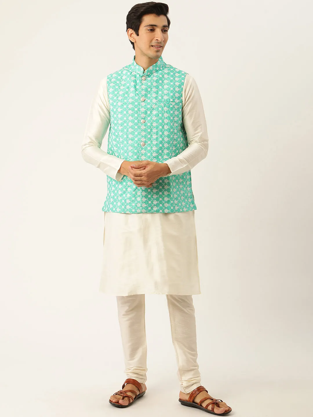 Men's Silk Blend Off White Kurta Pyjama & Ramagreen Nehrujacket Combo - Sojanya