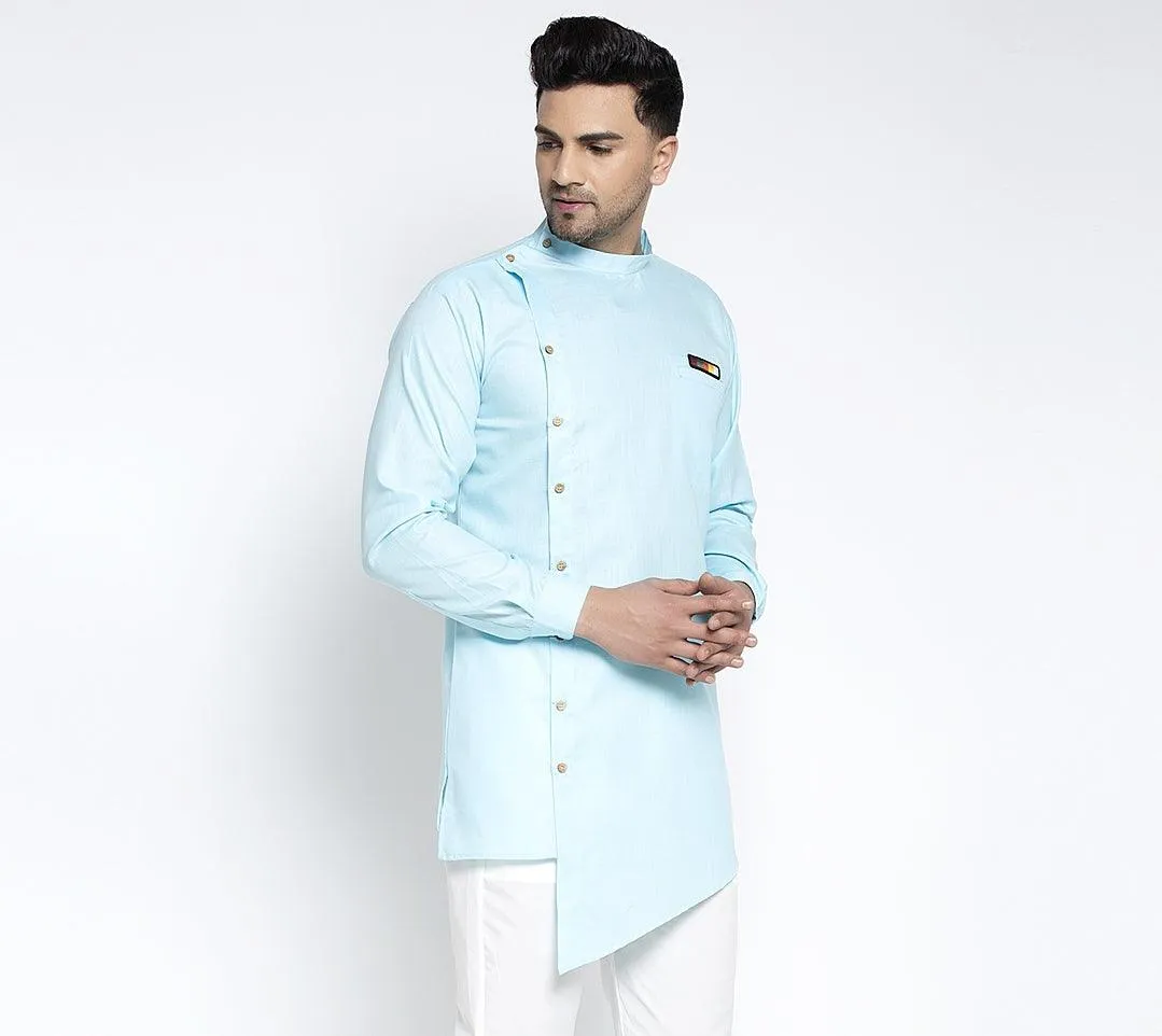 Men's Sky Blue Solid Short Kurta - Benstoke