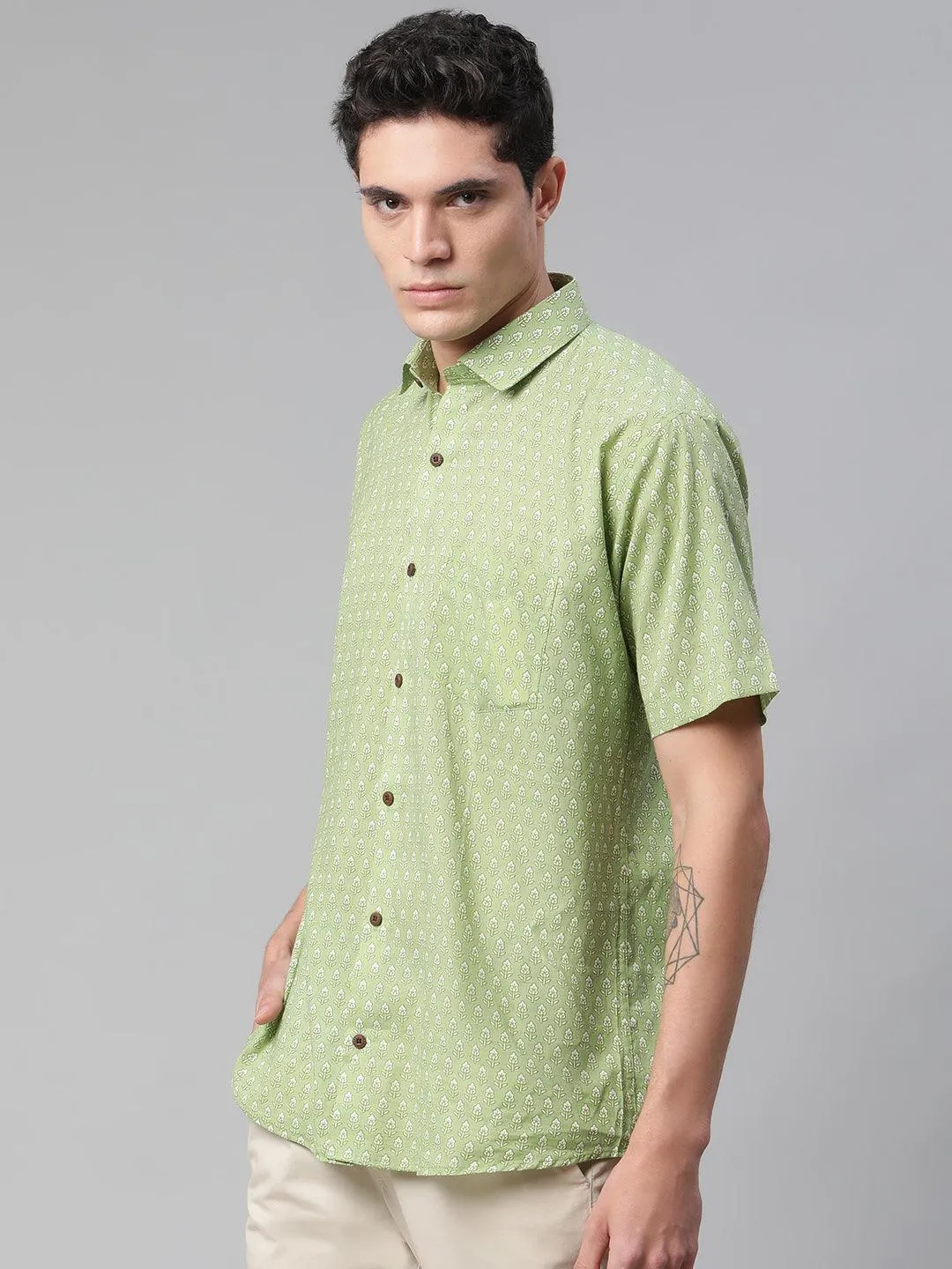 Millennial Men Green & White  Cotton  Half Sleeve Shirt for Men-MMH0189