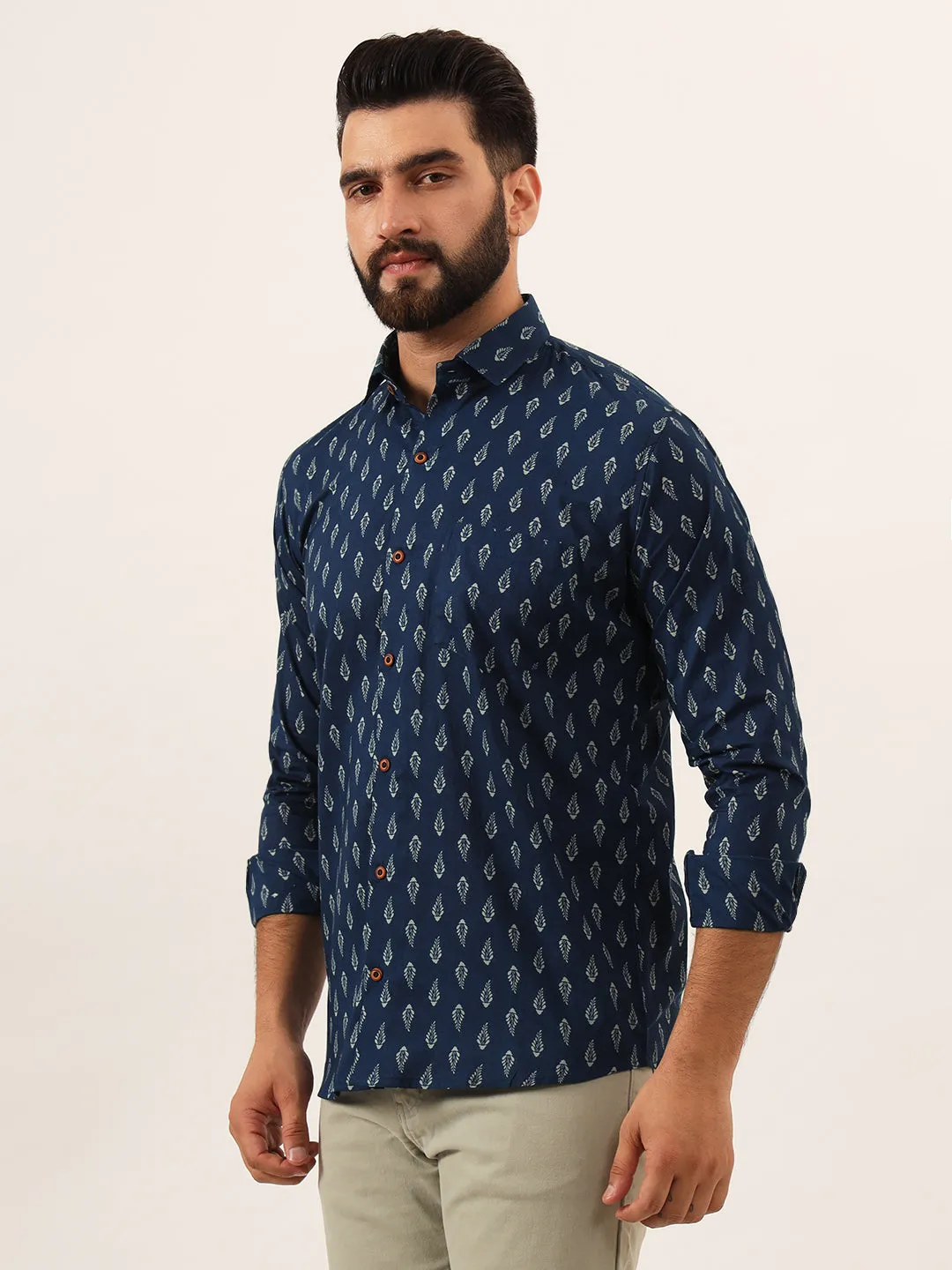 MILLENNIAL MEN Indigo blue Floral Print Pure Cotton Regular Fit Casual Full Sleeve