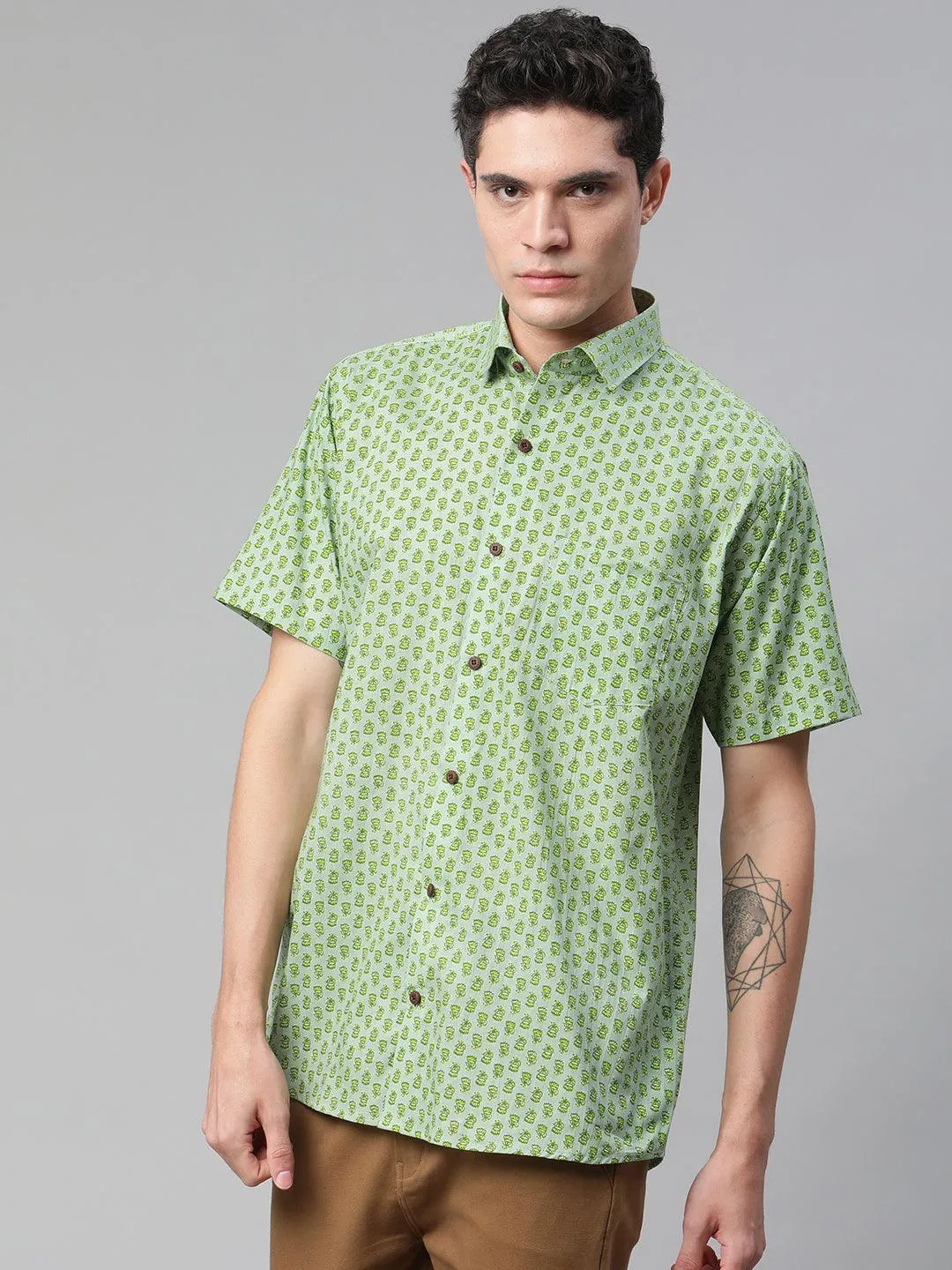 Millennial Men Light Green  & Parrot Green Cotton  Half Sleeve Shirt for Men-MMH0188