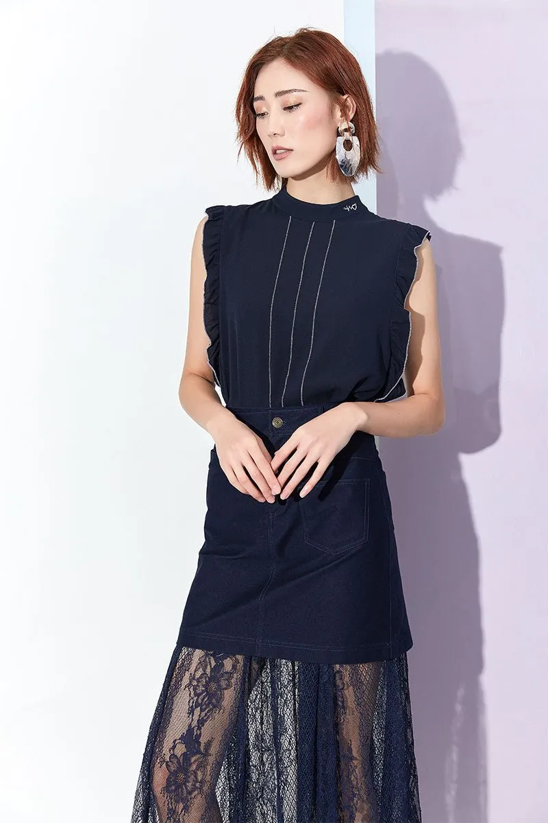 Navy Blue Ruff Stand Collar Silk T-shirt