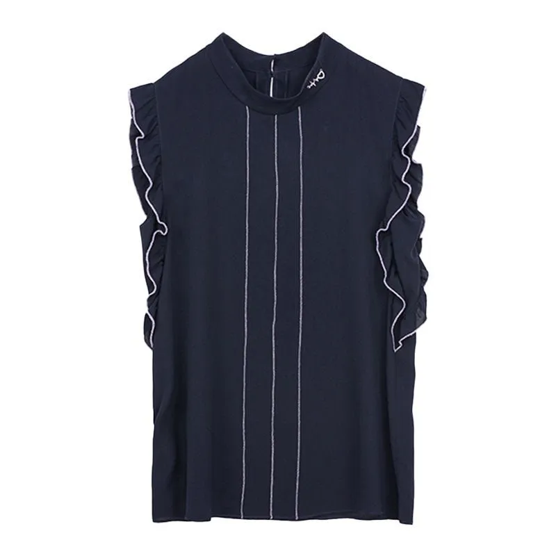 Navy Blue Ruff Stand Collar Silk T-shirt