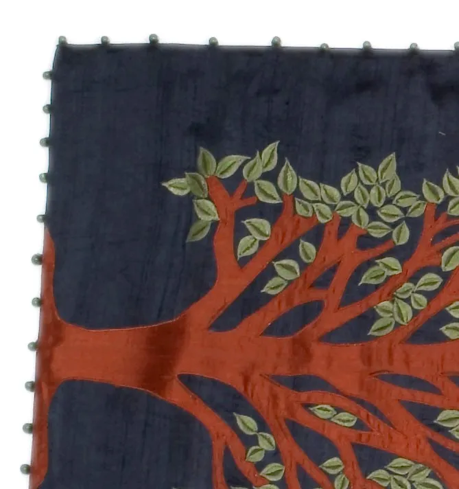 Navy Silk Table Runner with Tree of Life Embroidery and Hand Beading - 18x72"