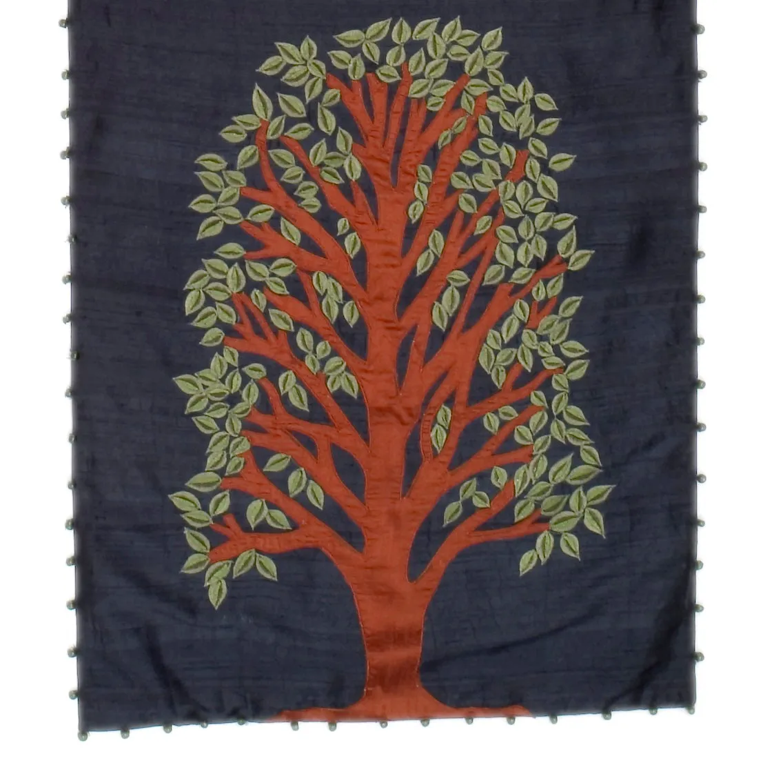 Navy Silk Table Runner with Tree of Life Embroidery and Hand Beading - 18x72"