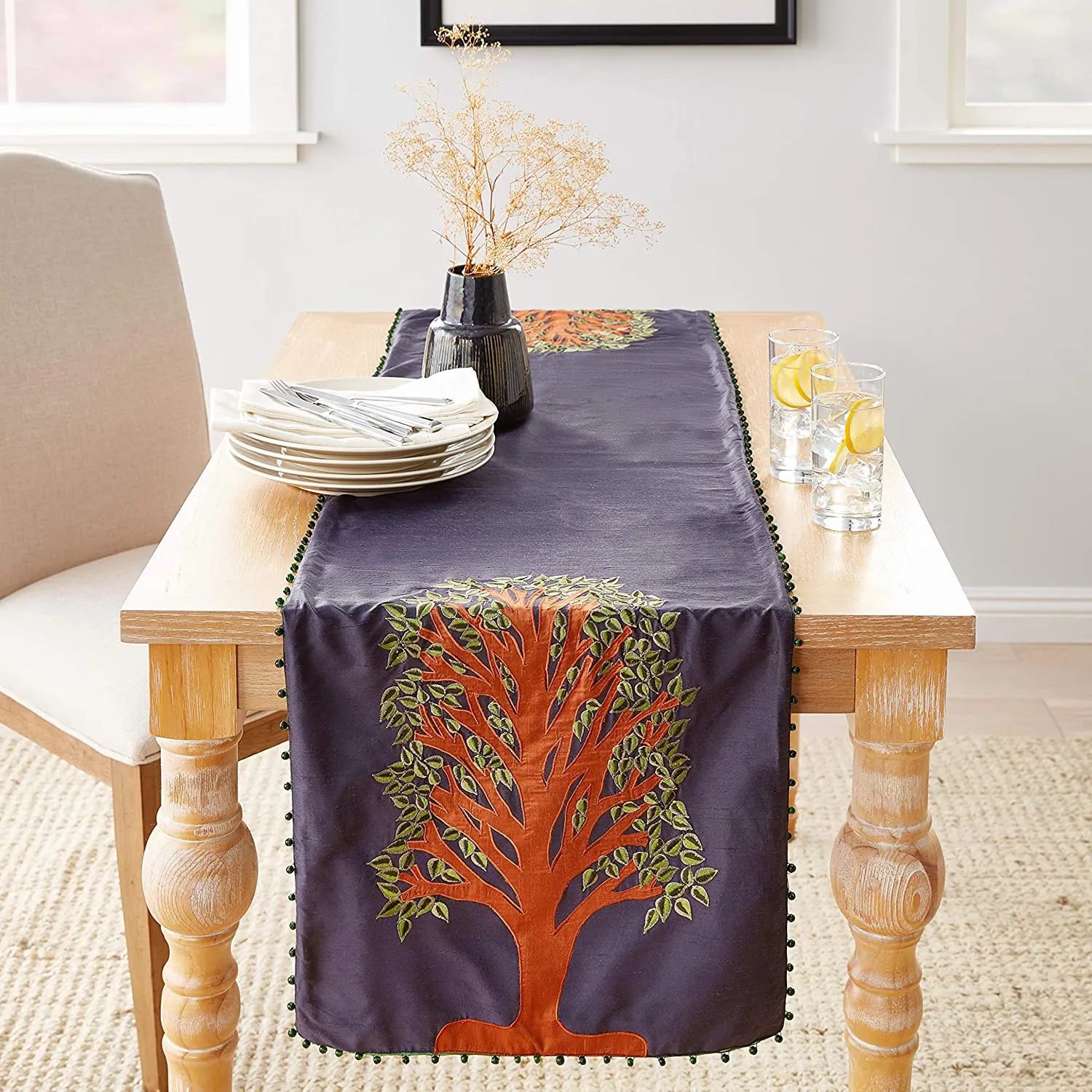 Navy Silk Table Runner with Tree of Life Embroidery and Hand Beading - 18x72"