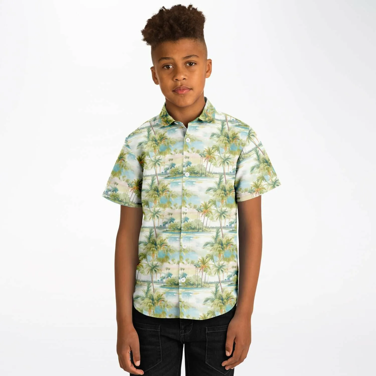 Palm Tree Breeze- Kids Short Sleeve Button Down Shirt