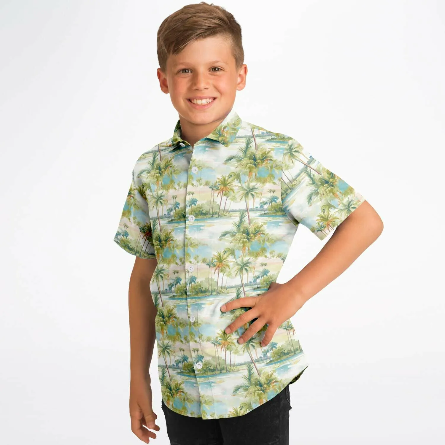 Palm Tree Breeze- Kids Short Sleeve Button Down Shirt