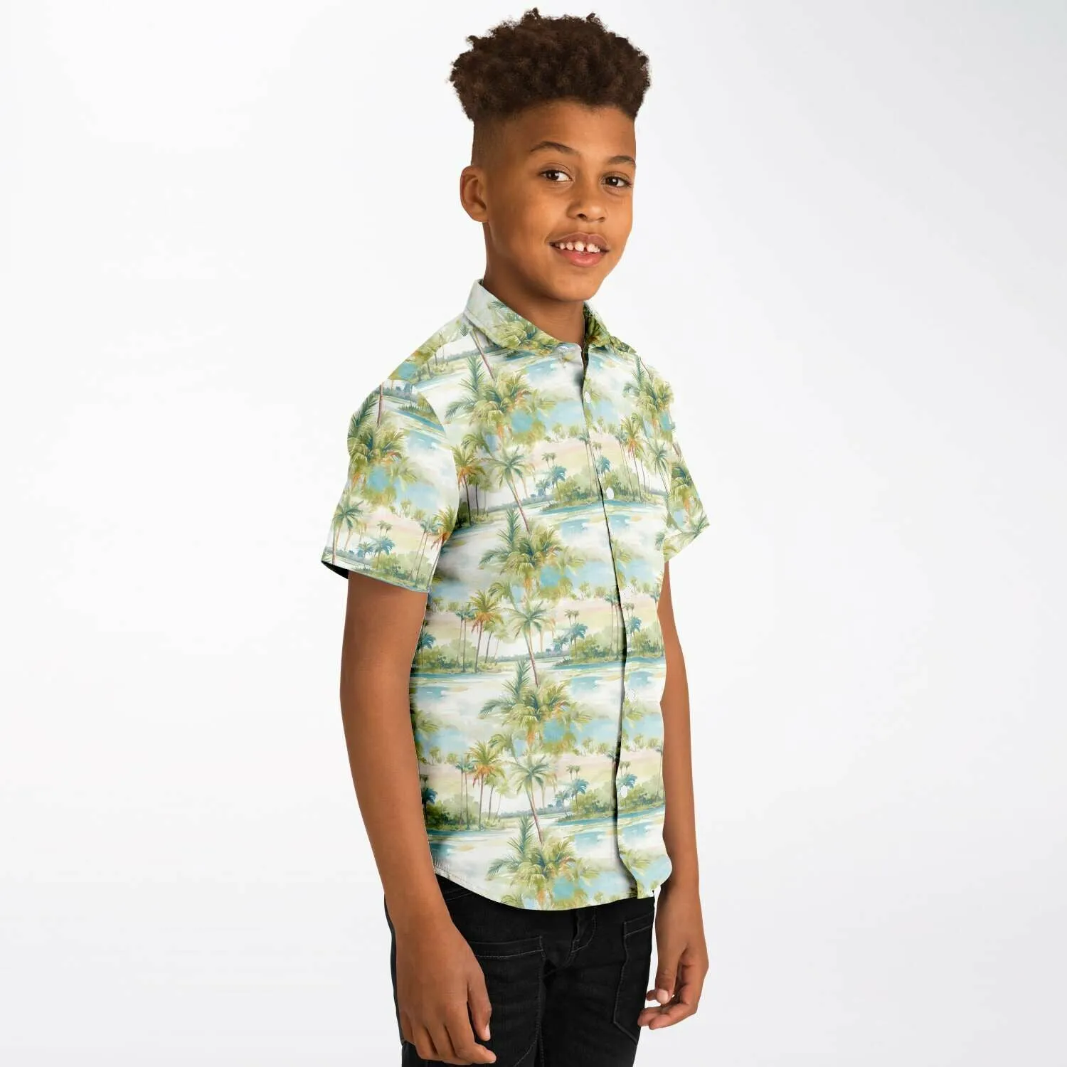 Palm Tree Breeze- Kids Short Sleeve Button Down Shirt