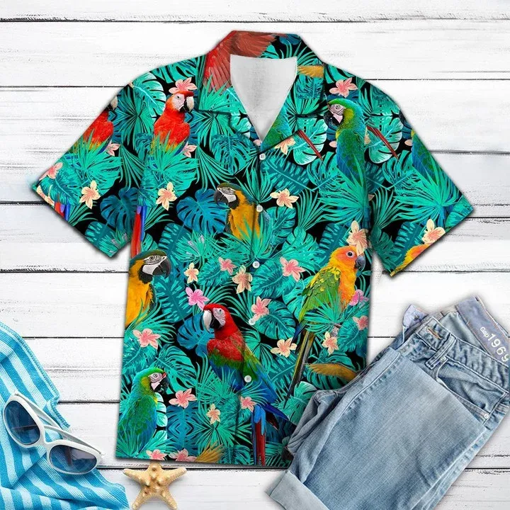 Parrot hawaii shirt for men, Vivid Parrot Tropical Palm Leaves Summer Vacation Gift Ideal Hawaiian Shirt