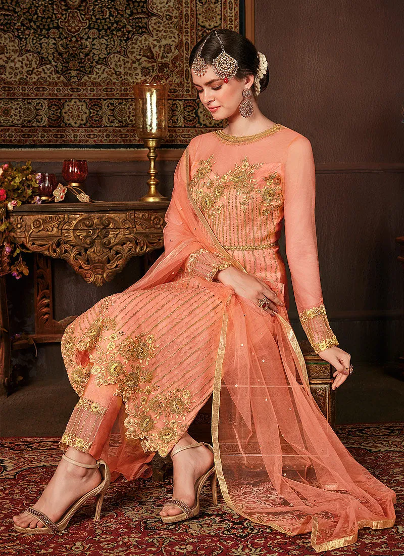 Pastel Orange Embroidered Pakistani Pants Suit