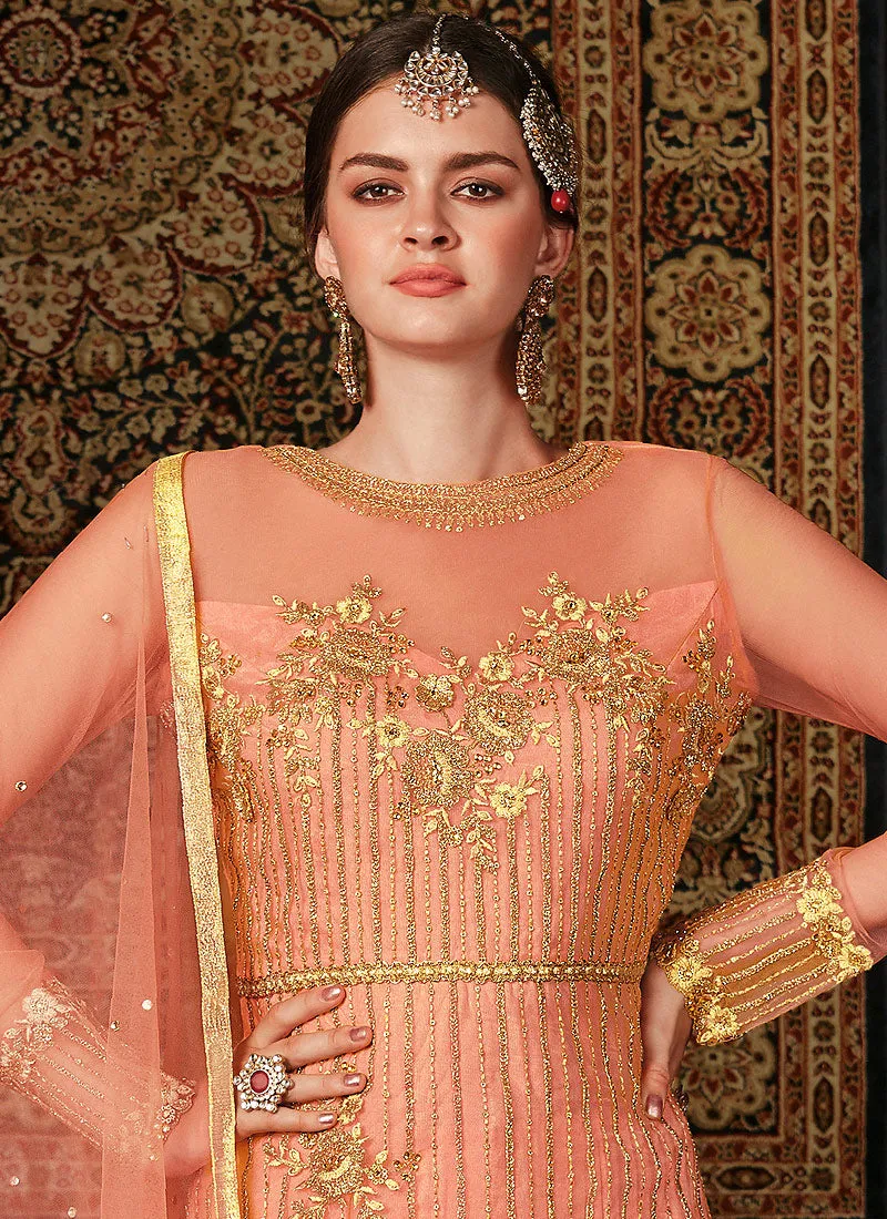 Pastel Orange Embroidered Pakistani Pants Suit