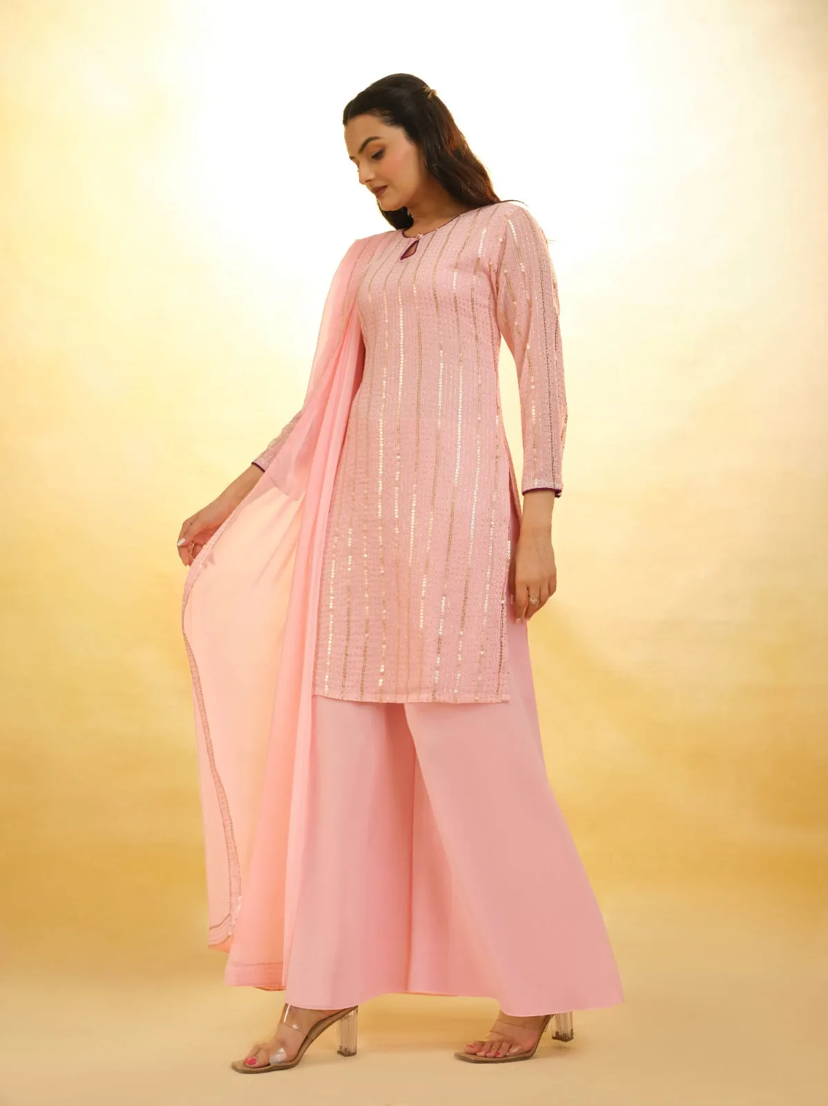 Peach Georgette Suit with Embroidery and Shantoon Bottom