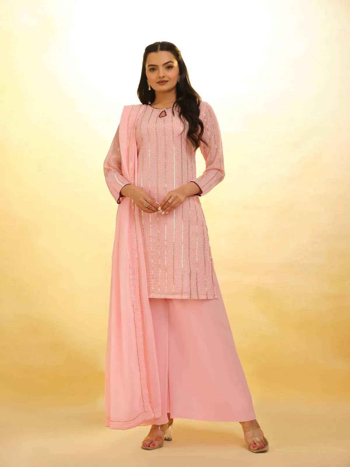 Peach Georgette Suit with Embroidery and Shantoon Bottom