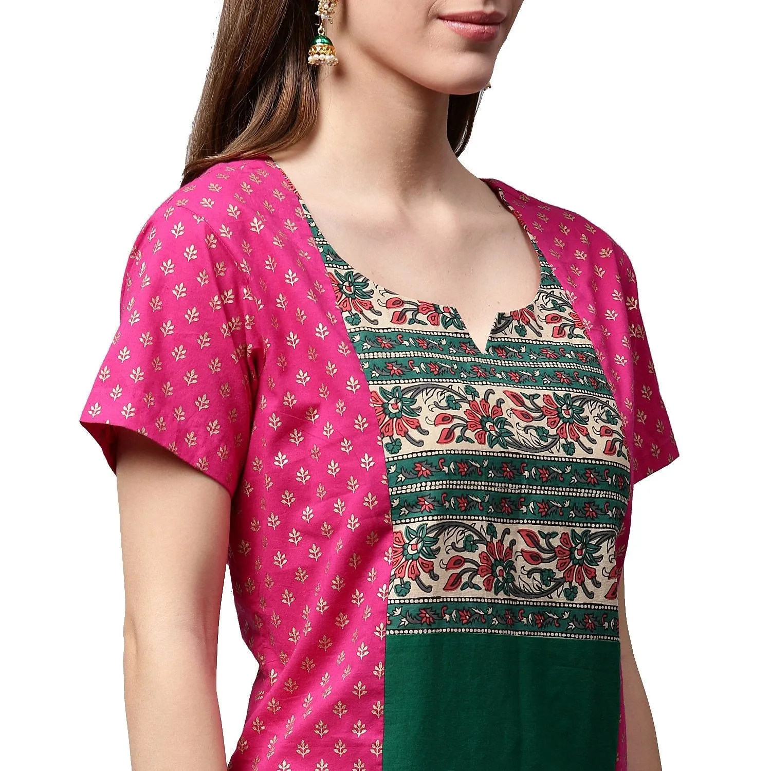 Pink & Green Printed Short Sleeve Cotton A-Line Kurta