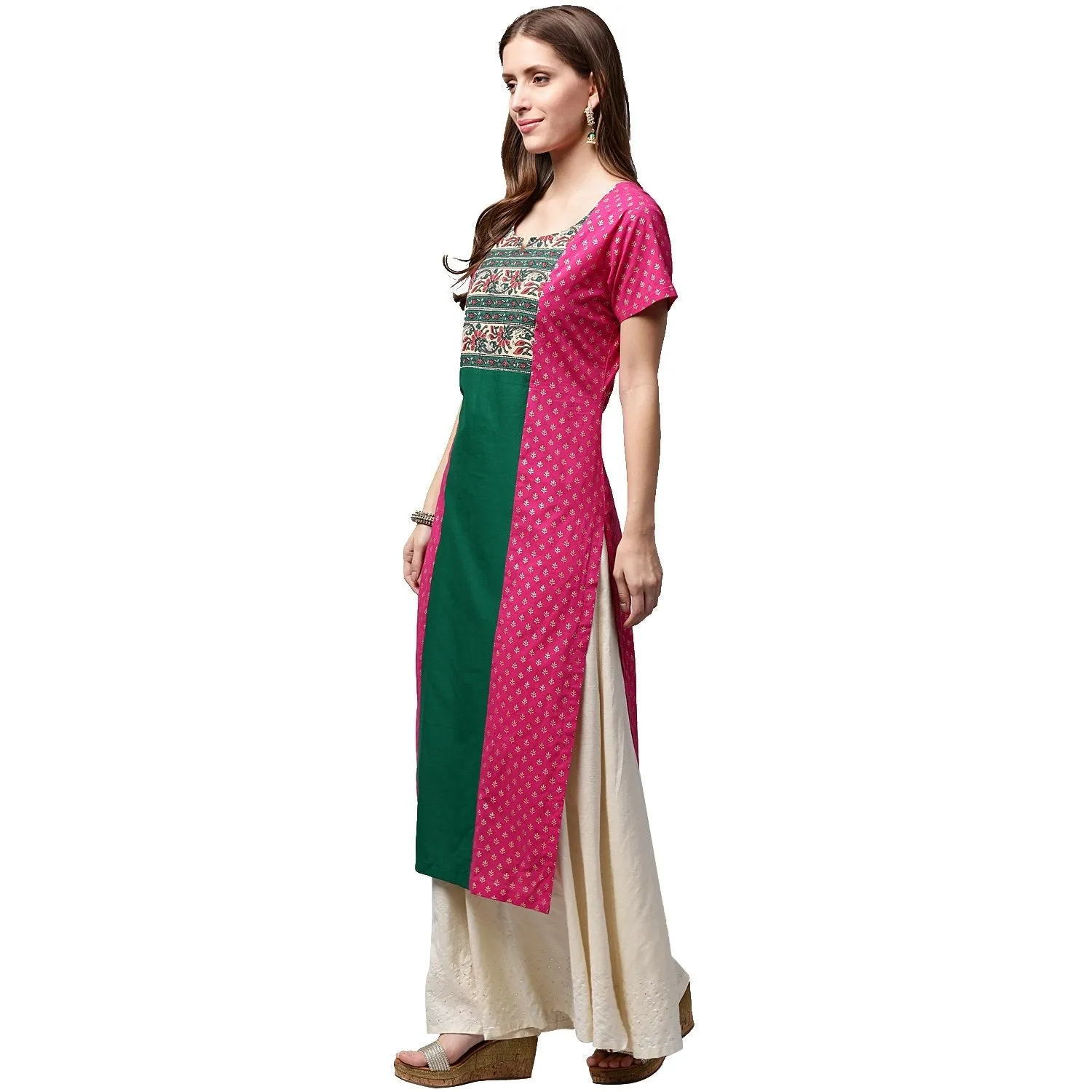 Pink & Green Printed Short Sleeve Cotton A-Line Kurta