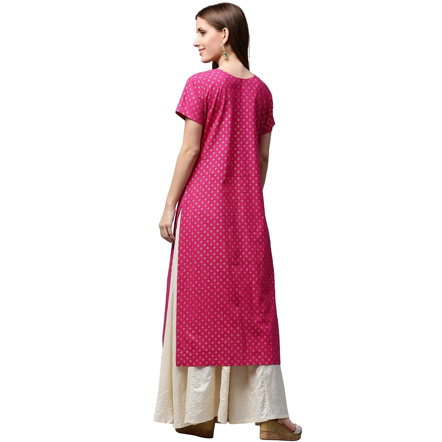 Pink & Green Printed Short Sleeve Cotton A-Line Kurta