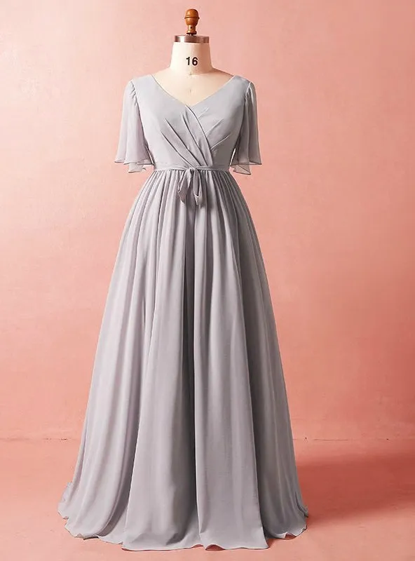 Plus Size Simple Gray Chiffon Short Sleeve Prom Dress