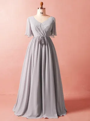 Plus Size Simple Gray Chiffon Short Sleeve Prom Dress