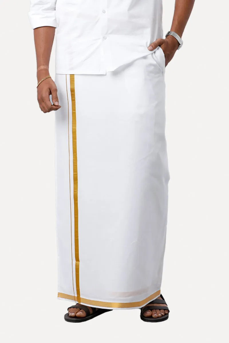 Premium - White Shirt And Fixit Gold Jari Dhoti Set For Men | Uathayam