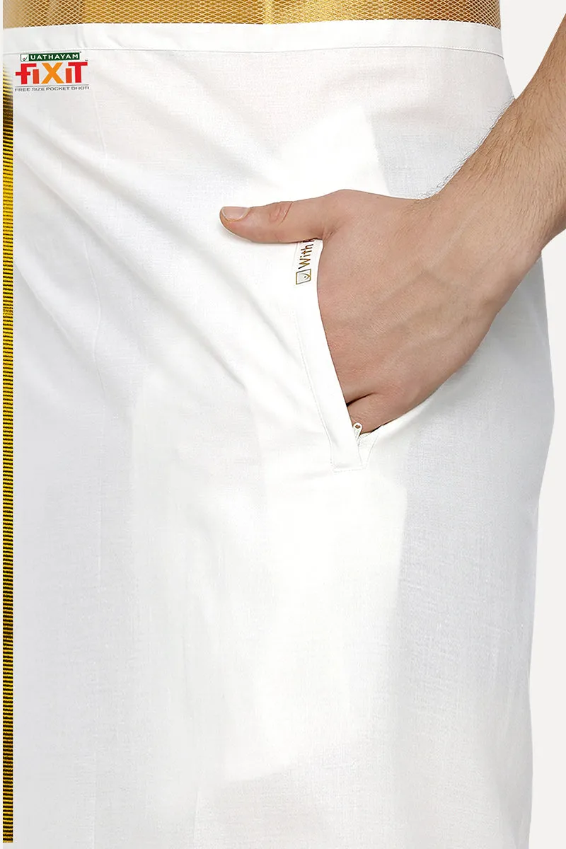 Premium - White Shirt And Fixit Gold Jari Dhoti Set For Men | Uathayam