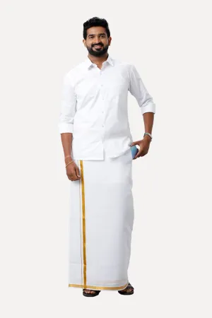 Premium - White Shirt And Fixit Gold Jari Dhoti Set For Men | Uathayam