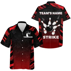 Red Camo Hawaiian Bowling Shirt For Men, Custom Name Team Name Bowling Jersey Strike Bowling Shirt