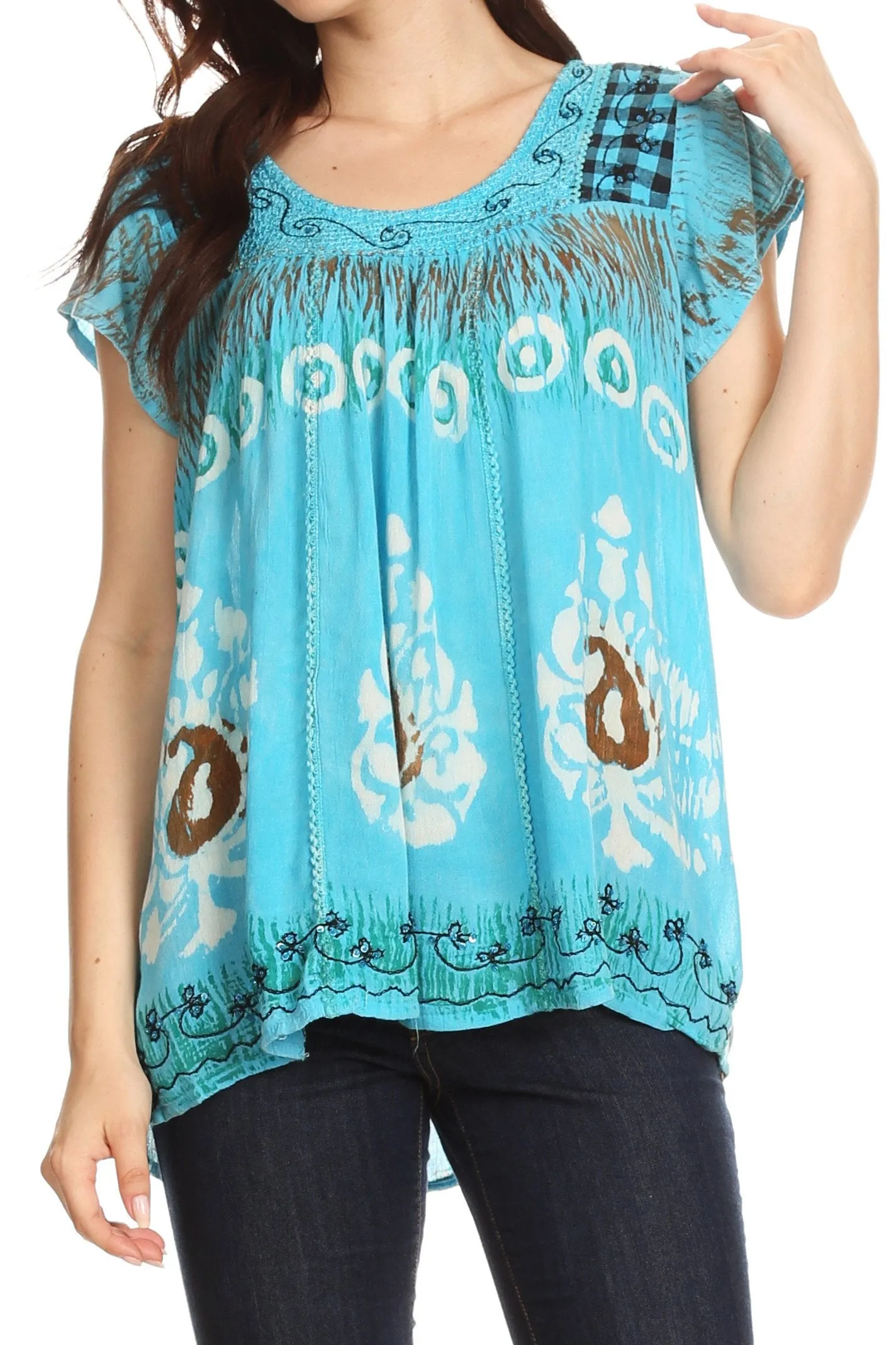 Sakkas Nefeli Short Sleeve Petite Slim Top Blouse with Embroidery and Print