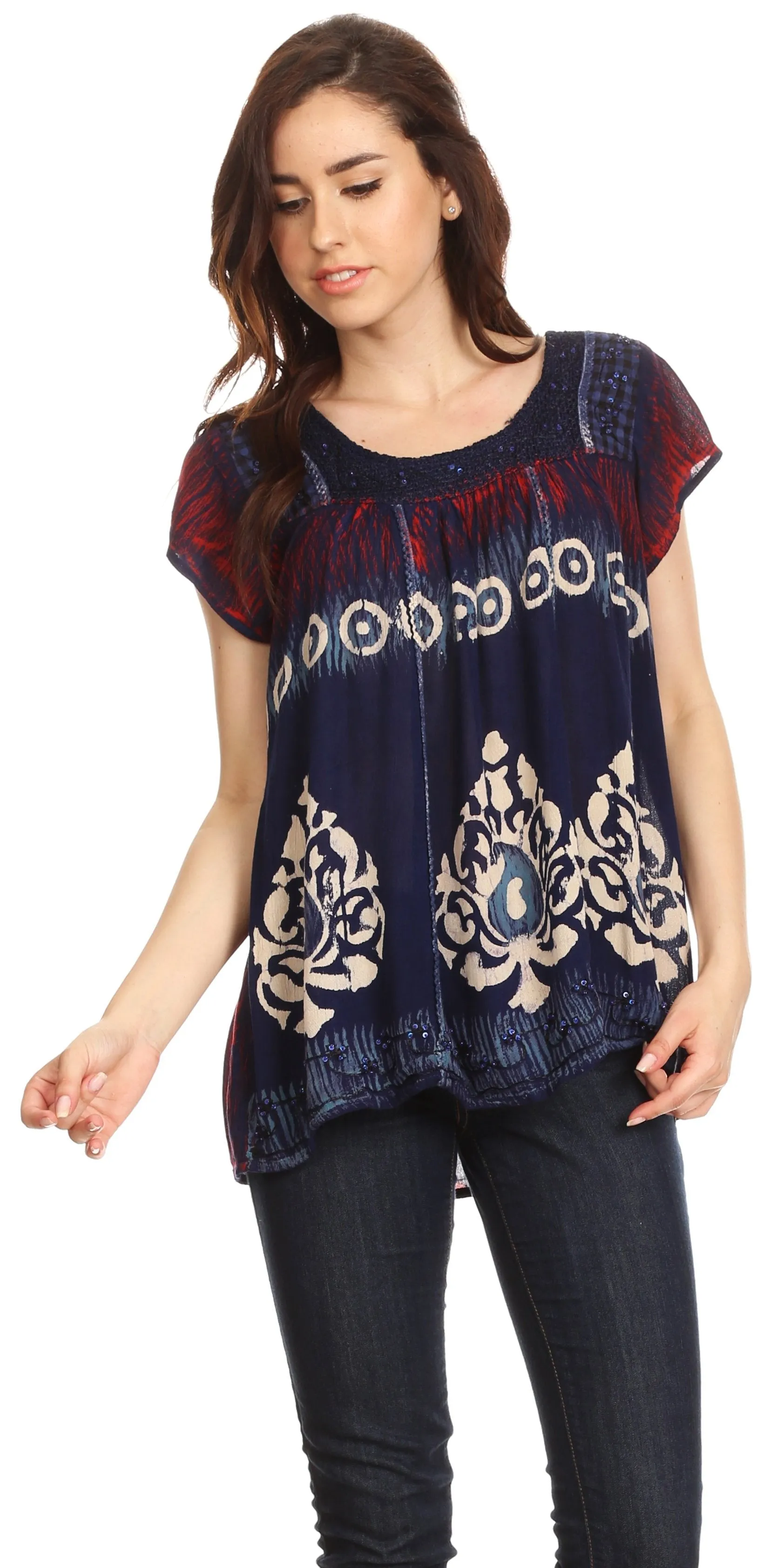 Sakkas Nefeli Short Sleeve Petite Slim Top Blouse with Embroidery and Print