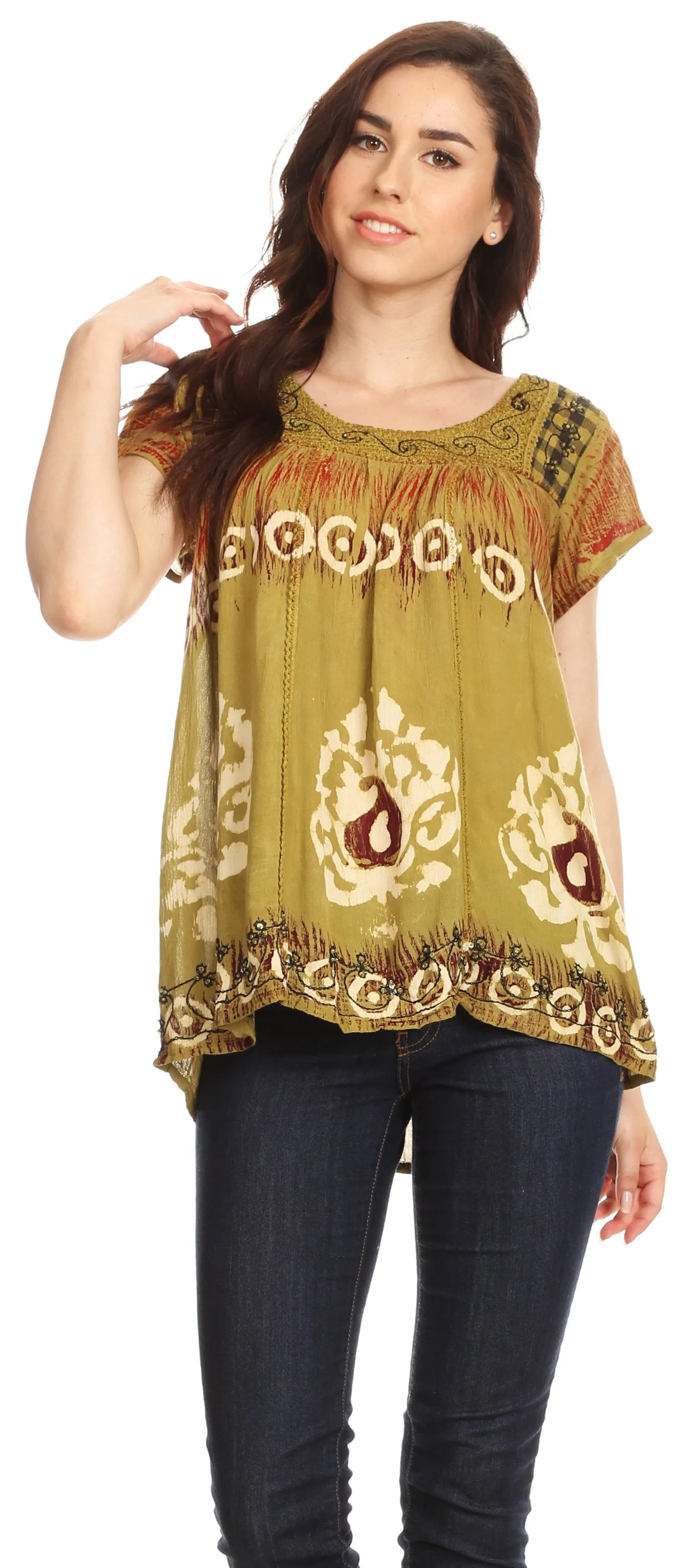 Sakkas Nefeli Short Sleeve Petite Slim Top Blouse with Embroidery and Print