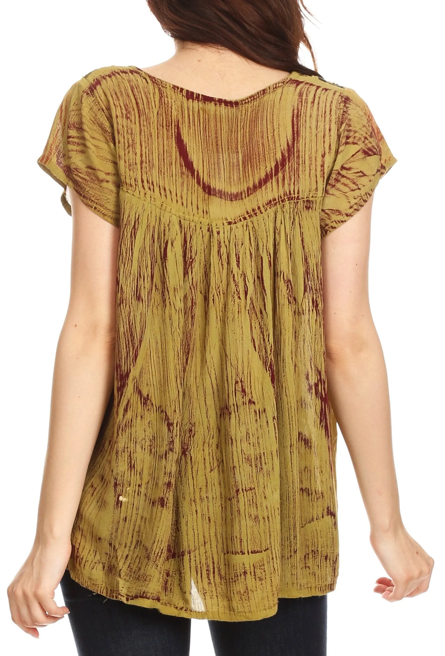 Sakkas Nefeli Short Sleeve Petite Slim Top Blouse with Embroidery and Print