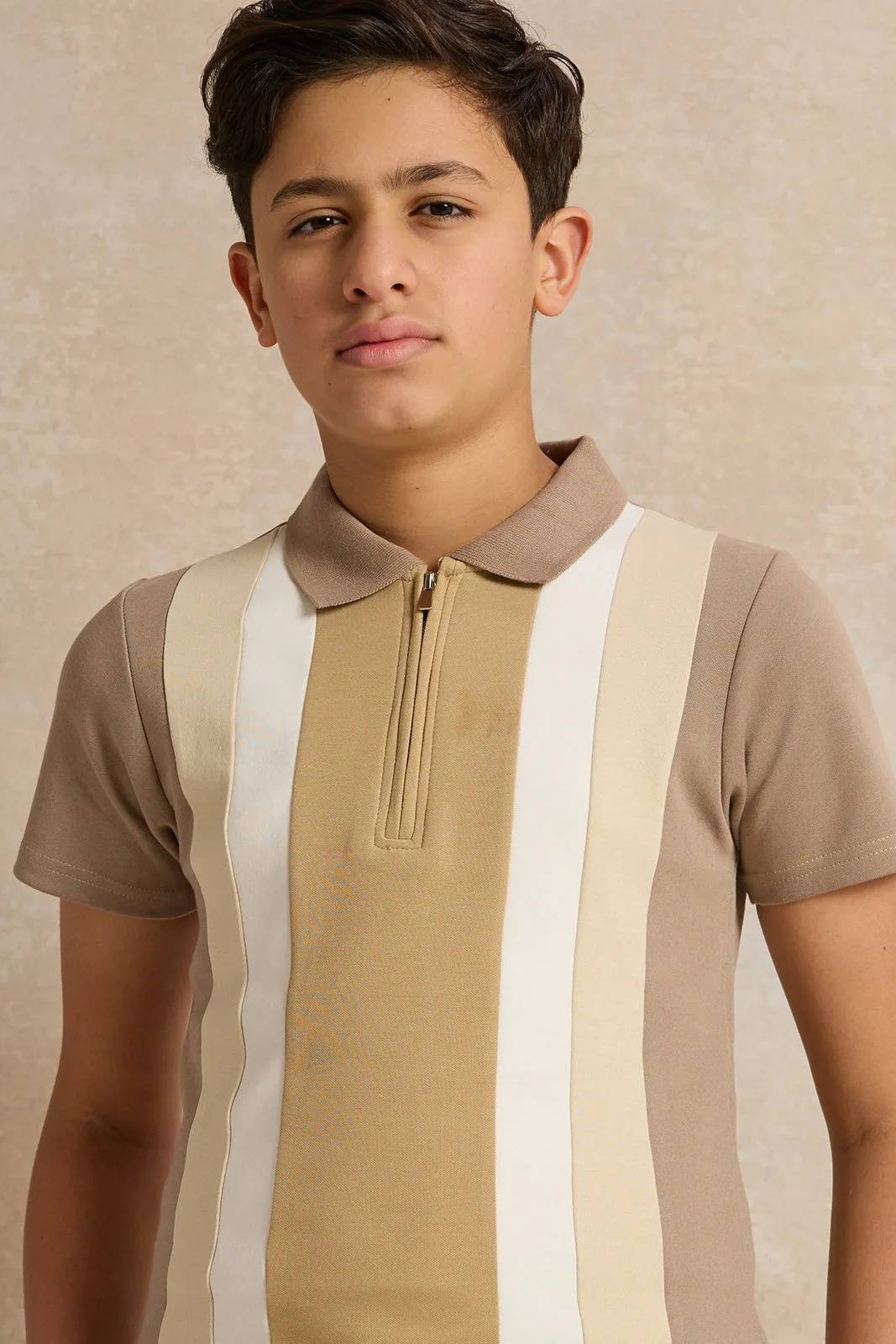 Senior Boys Beige Striped Polo Shirt