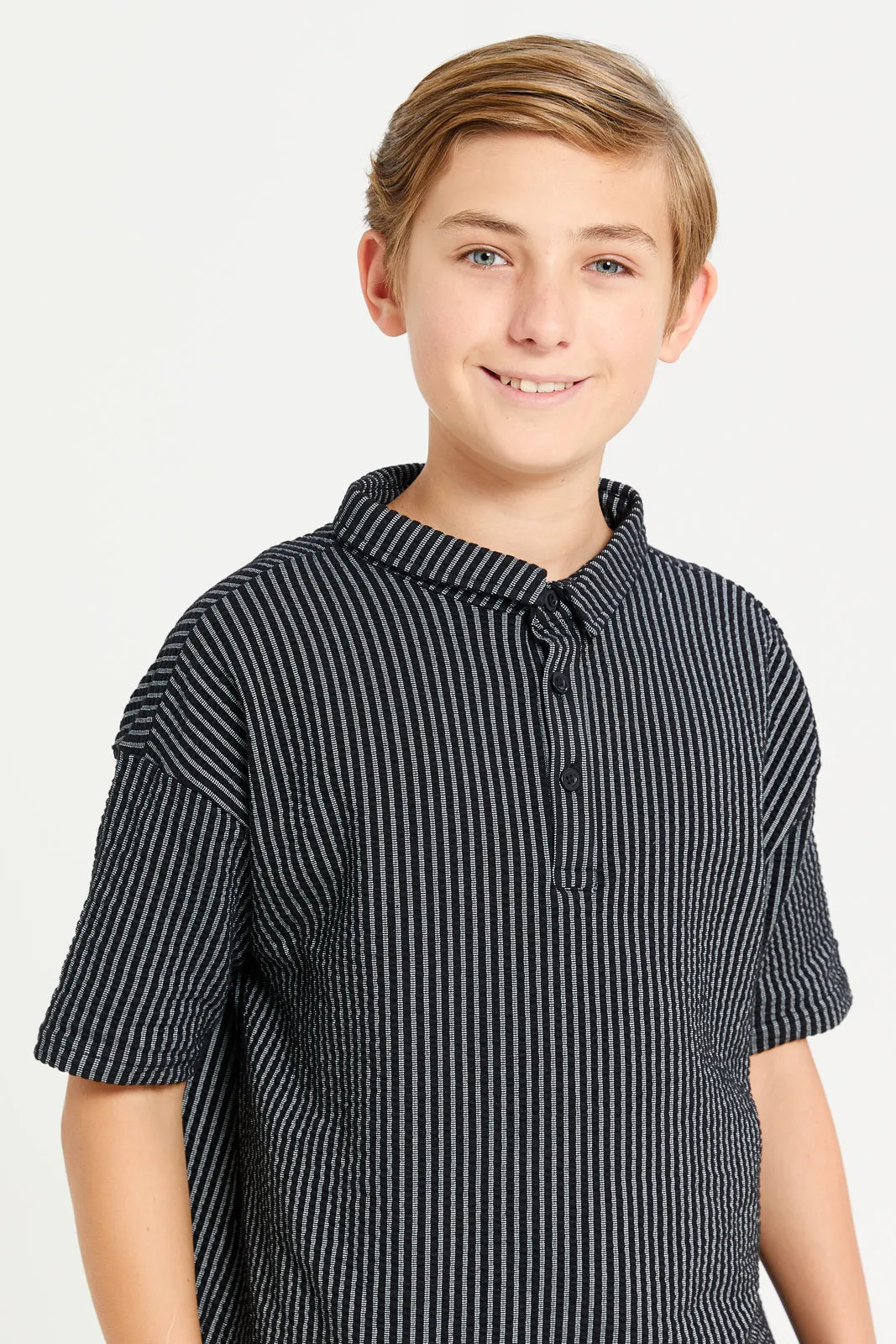 Senior Boys Black Striped Mandarin Polo Shirt