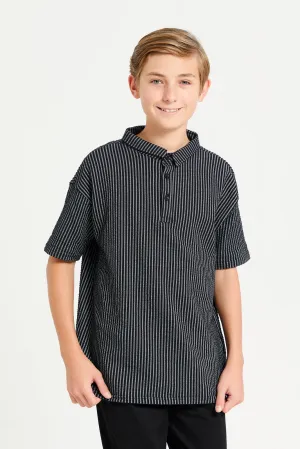 Senior Boys Black Striped Mandarin Polo Shirt